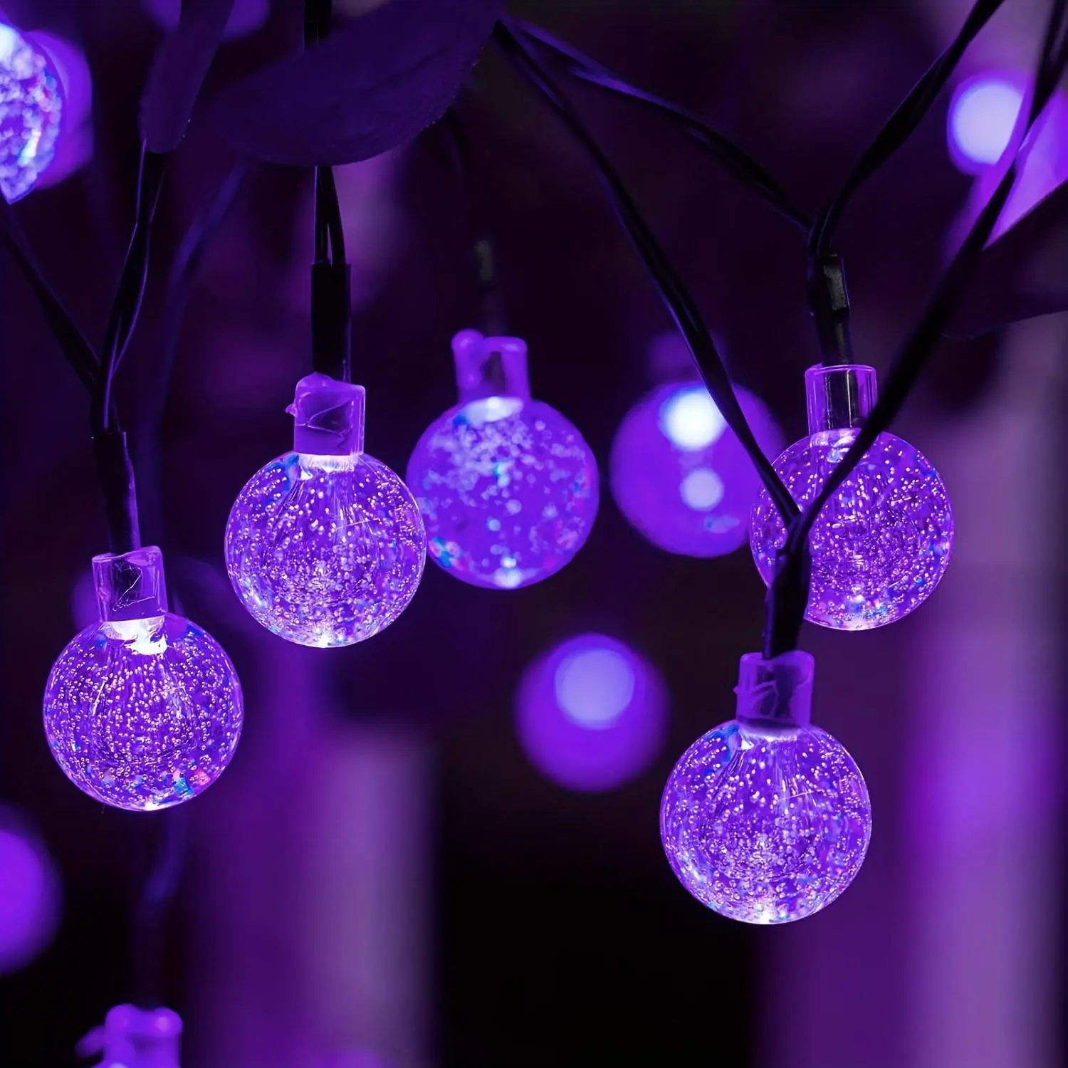 Purple 100-Count LED Solar Outdoor Bubble Ball Lights, 39 ft, 8 Modes, IP65 Waterproof, Flickering Light, Solar-Powered for Garden, Wedding, Halloween Decorations, Solar Outdoor Lights