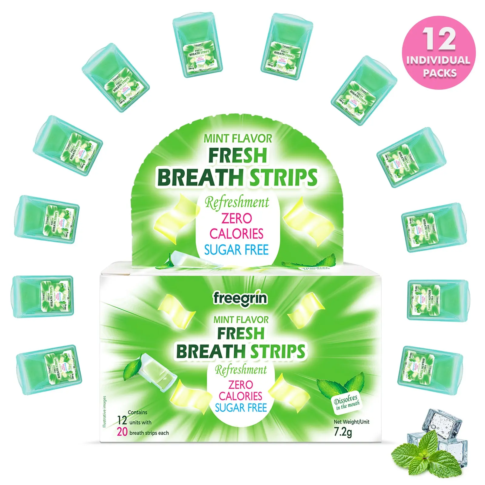 Freegrin Mouthwash Tablets Portable Upgrade Box Pack, 12 Individually Wrapped Pieces, Solid Form, Non-Flammable, Multi-Pack, Bad Breath Mouthwash