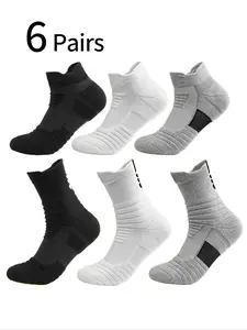 6 Pairs Men's Basketball Socks, Long Cuff Professional Court Socks, Low Top Thick Sports Socks, Comfortable Breathable Anti-Odor Running Socks