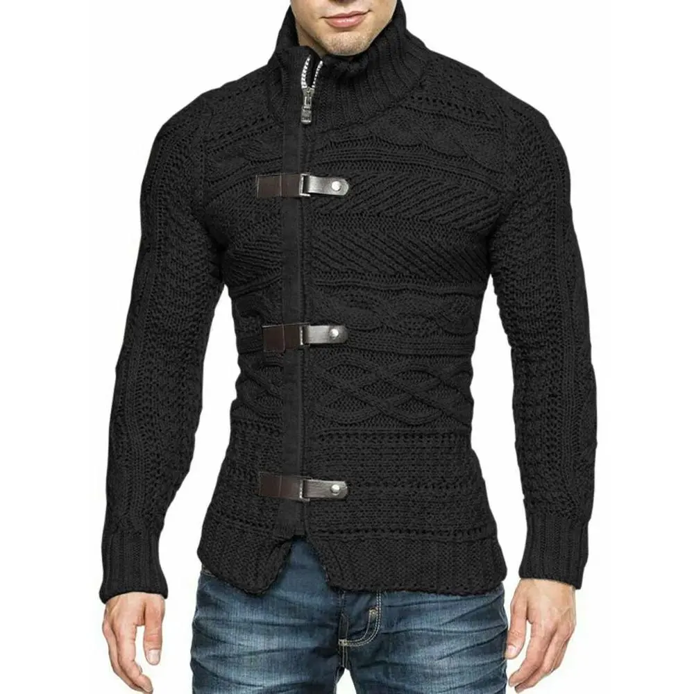 PASLTER Men's 1 Piece Cable Knit Opaque Zip-Front Long Sleeve Cardigan Sweater - Adult Casual Leather Edge Zipper Jacket, Menswear Knitwear Tops