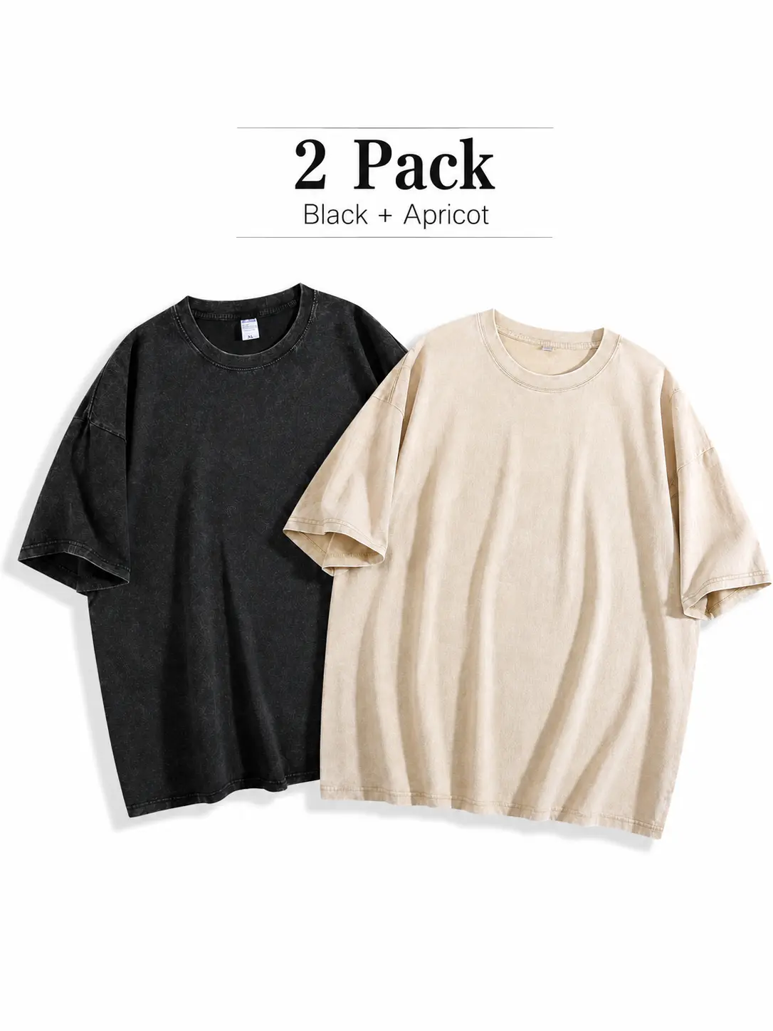 Men's 2-Pack 230G Heavyweight Washed Oversized Round Neck Shortsleeve Tshirts - Unisex Vintage Cotton Plain Pre-Shrunk Tops, Black+Gray All-Seasons Menswear Athletic Streetwear Casual Tees, Basic, Washed Effect, T-Shirt Set, Retro, Chic