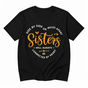 Sisters Connected By Heart Graphic T-Shirt  Heart Shaped Letter Print Short Sleeve Summer Tee Gift for Sister