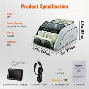 VEVOR Money Counter Machine, Bill Counter with UV, MG, IR and DD Counterfeit Detection, USD EUR Cash Counting Machine with Large LCD External Display for Small Business