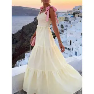 Women’s summer new French vacation-style backless long-sleeve dress, solid color contrast bow large swing dress, casual fashion