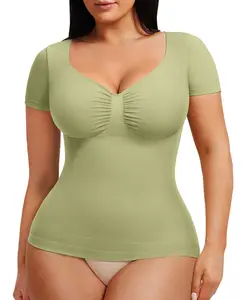 FeelinGirl Short Sleeve Bodysuits for Women Tummy Control Casual Stretchy Basic Body Suits Slimming Tops T Shirts
