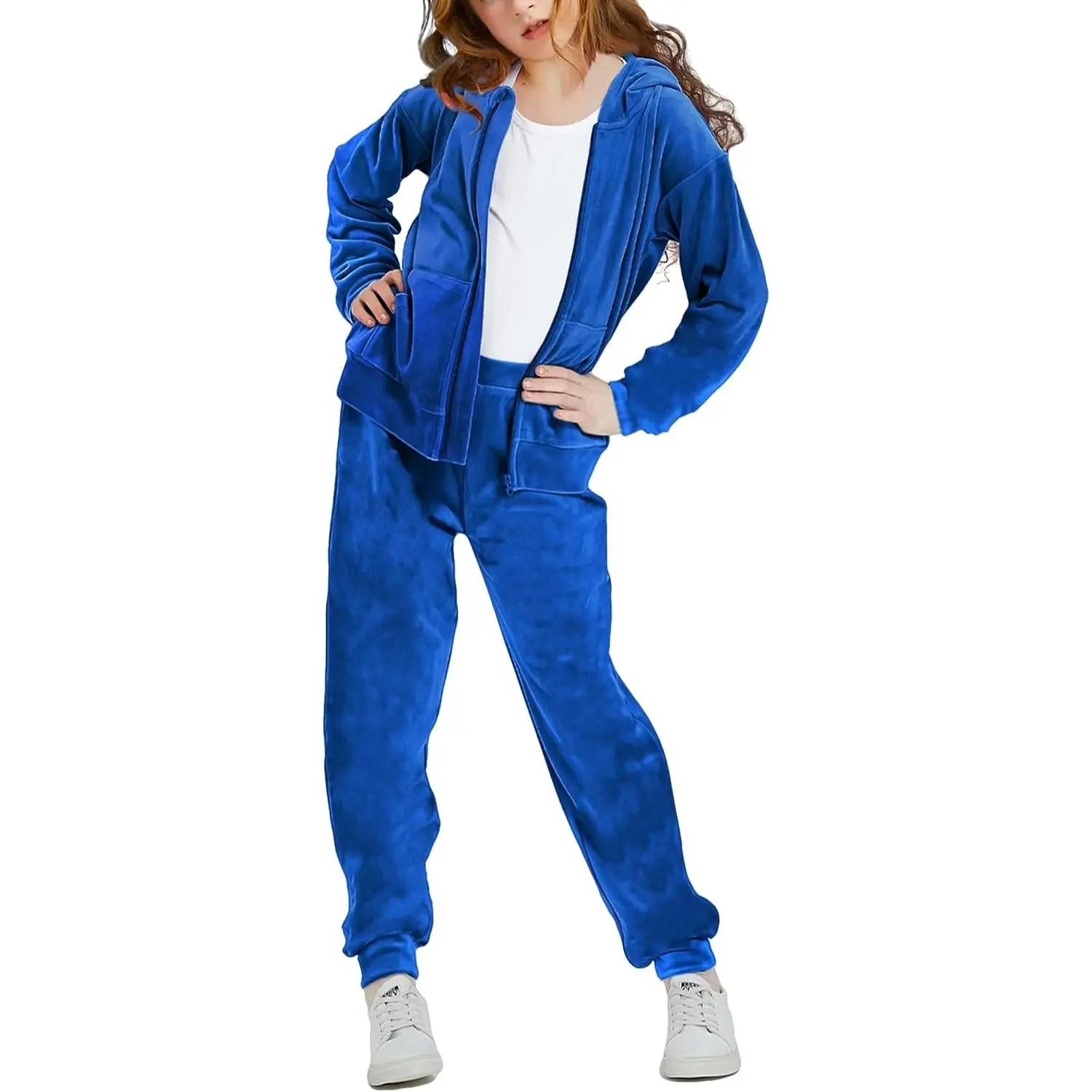 Girls Sweatsuits Set Velour Tracksuit 2 Piece Outfits Zip Up Hoodies and Pants Sportswear Jogging Set