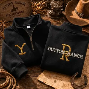 Dutton Ranch Embroidered Quarter Zip Sweatshirt | Western Cowboy Pullover | Yellowstone Ranch Inspired Fleece