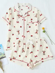 Women's Casual Cherry Rabbit Pattern Sleepwear Set, Short Sleeve Button Top + Shorts, Comfortable Loose Fit, All Seasons Home Wear, Two-Piece Set