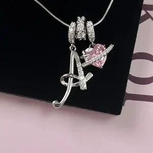 2026 925 Silver 3-Layering Initial A-Z LetterPendant Necklaces for Women Snake Chain Choker Pink Heart Zircon Adjustable Length Necklace Jewelry For Valentine's Day gifts
