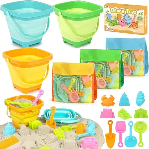 Dreamon Beach Kids Toys - 3 Pack Collapsible Sand Toys, 24 PCS Beach Mold and Shovels Molds, Travel Sandbox Beach Toys for toddler 2+ Age
