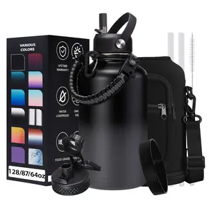 Half Gallon Insulated Water Bottle - with Straw & Spout Lid, Paracord Handle & Carrier Bag, Protective Cup Mat, 32oz 40oz 64oz 128oz Vacuum Stainless Steel Water Bottle, Metal Vacuum Flasks Keep Cold 48h Hot 24h