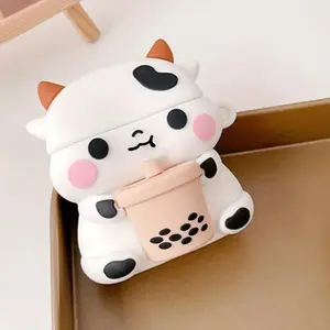 Adorable Cow Boba AirPods Case Cover – Soft Silicone With Dust Protection and Keyring, Fits AirPods Generations 1, 2, 3, and Pro