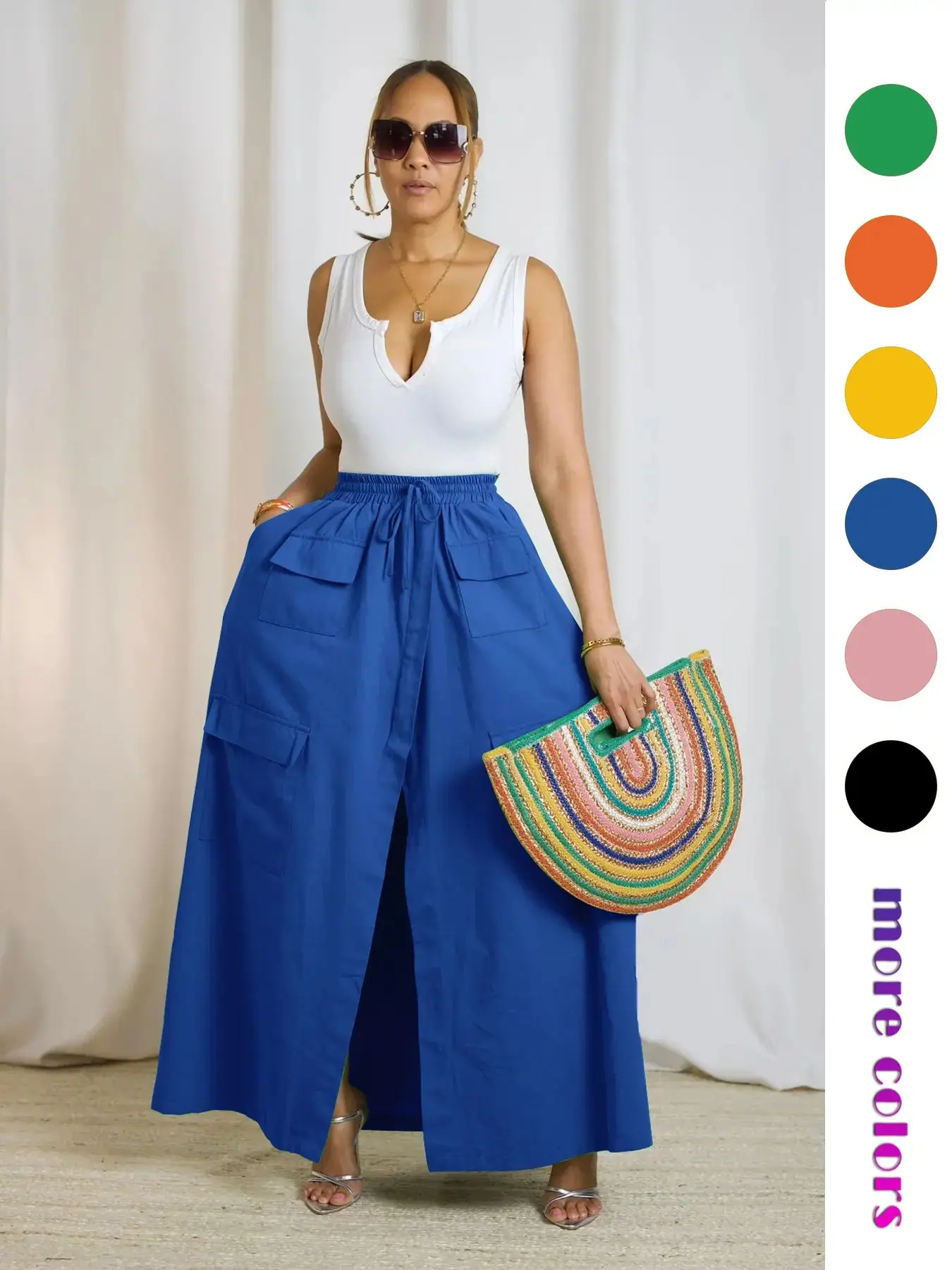 Women's Plain Woven Adjustable Drawstring High-Waist Skirt, Casual Boho Pocket Wrap Skirt for Summer, Ladies Bottoms for Beach Holiday