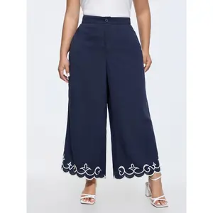Women's Cropped Polyester Pajama Pants - Embroidered Floral Design, Scalloped Hem, Button & Zipper Details