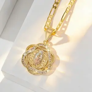 14K Gold Plated Virgin Mary Medal Necklace with 3A Crystal Embellishment Catholic Religious Jewelry Ideal Christmas Gift Prayer Keepsake for Daily Wear