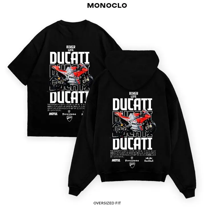 Ducati Biker Life T-Shirt Sweatshirt Hoodie – Red Motorcycle Graphic, Japanese Streetwear Vibe, Oversized Fit for Men & Women
