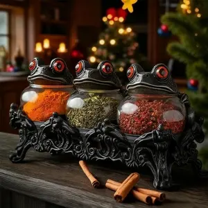 3PC Witchy Frog Apothecary Spice Jars Handcrafted Vintage Class Apothecary Jars Sets with Frog Lids Gothic Food Storage Containers Frogs Spice Jar Fun Salt and Pepper Shakers Seasoning
