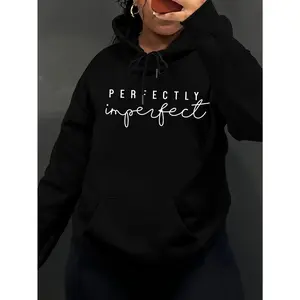 [Cozy Hoodie] Cozy Gray Polyester Hoodie | Women's Casual Hoodie with "I'm Perfectly Imperfect" Print - Relaxed Fit, Short Sleeve, and Cuffed Hem, Perfect for Fall/Winter