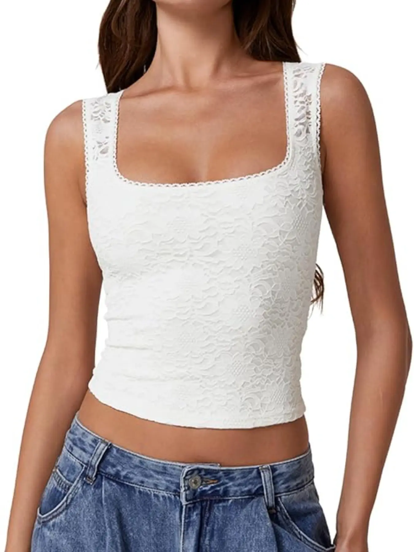 Women's Lace Trim Square Neck Elegant Chic Casual Fitted Sleeveless Double-Layer Casual Basic Fashion Tank Top