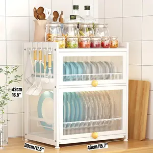 110 Lbs Capacity 3-Tier Kitchen Dish Rack With Drawer-Style Shelf, Holds 12+ Plates & 16 Bowls, Breathable Dust Cover, Cutlery Organizer, Detachable Drip Tray, Storage Basket, And Utensil Holder