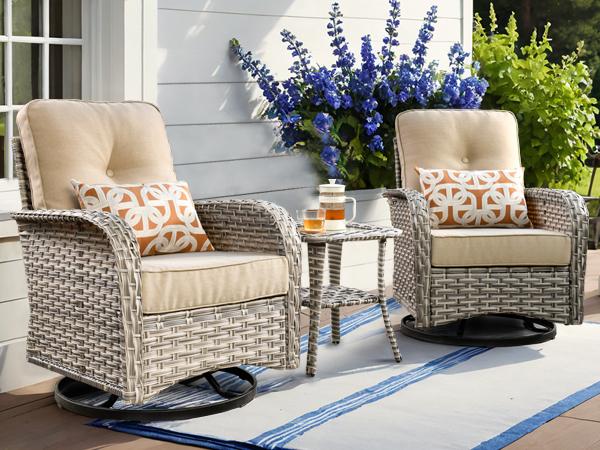 Ovios VNC Series Patio Swivel Rocking Chair 3-Piece Set with High Back Design, Spacious Armrests, Water and UV Resistant, Includes 4 High-Density Cushions