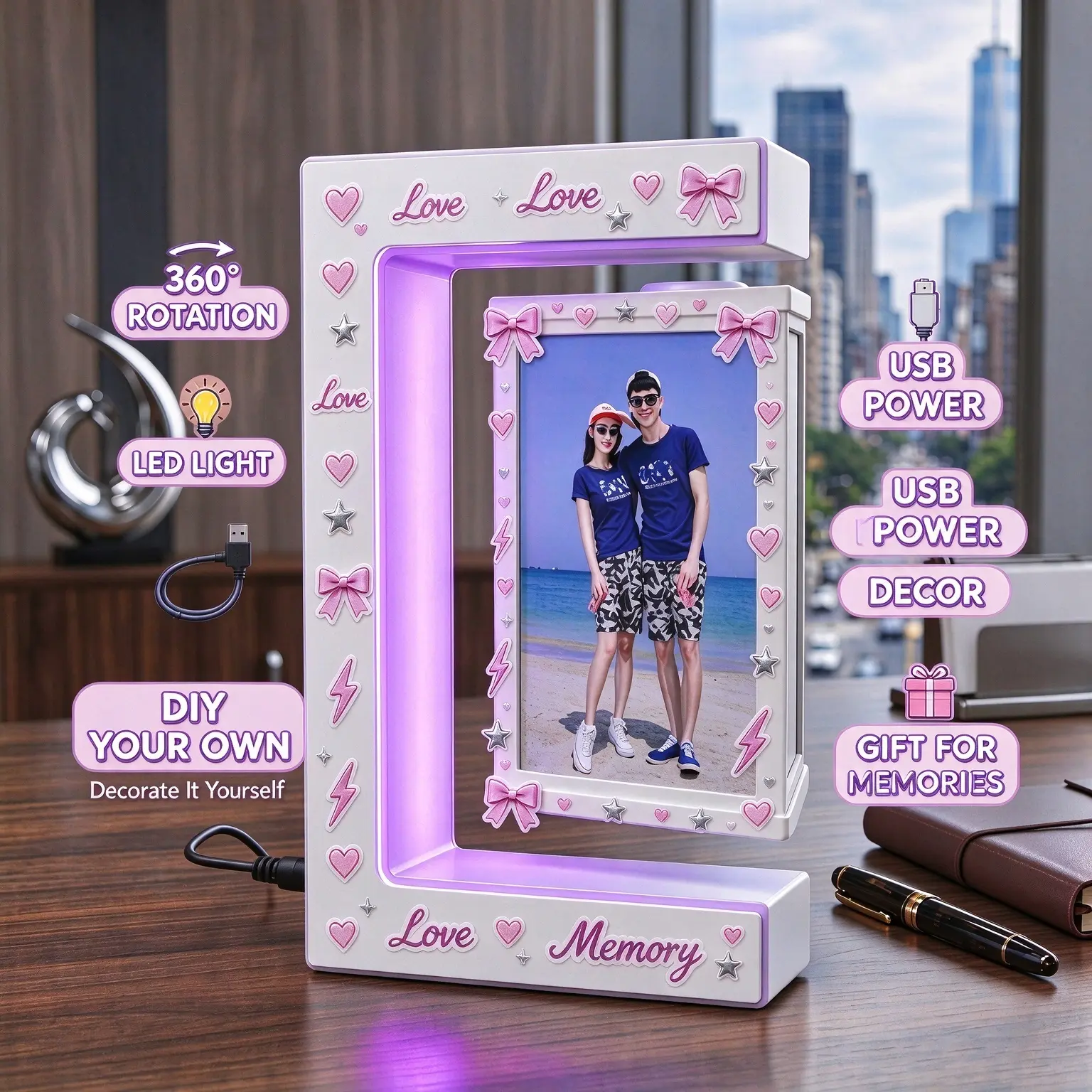 Magnetic Levitation Float Photo Frame - Plastic (ABS) Construction, 360° Automatic Rotation, LED Light, USB Port, Decorative Desk Accessory for 2x3 Inch Photos, Spin & Glow Romantic Anniversary Gift for Boyfriend