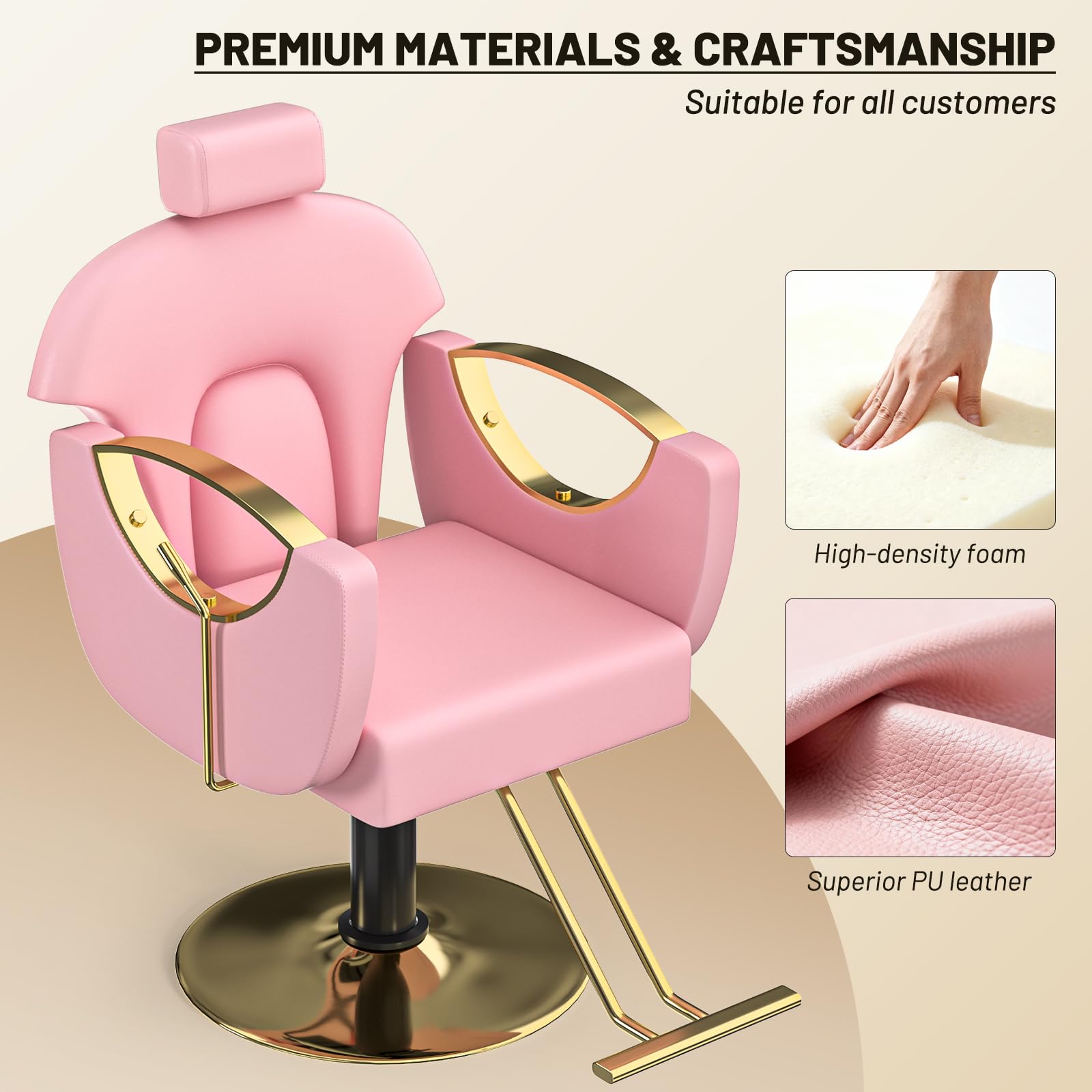 Reclining Salon Chair with Hydraulic Pump and 360° Swivel is a barber chair for hair stylist tattoo lash makeup braiding in black and gold