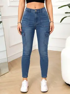Women's High Waist Cargo Skinny Jeans, Stretchy Slim Fit Denim Pants with Side Pockets, Casual Workwear Jeggings for Women stacked cute