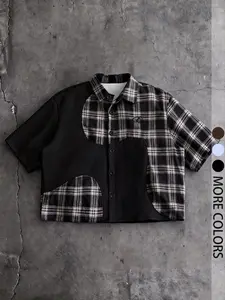 Men's Solid Color & Plaid Patchwork Short Sleeve Shirt Cropped Button Up Men Boxy Shirt Men Button Up Shirt