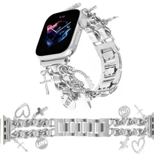 Metal Chain Watch Band with Love Cross Pendants for Apple Watch 38mm-41mm, Unique Decorative Jewelry Strap for Women
