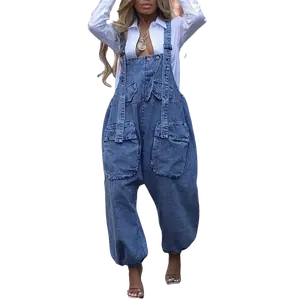 Women's Denim Multi-Pocket Baggy Jumpsuit Overalls: Wide-Leg Relaxed Fit With Drawstring Cuffs - Versatile For Daily Outings, Commute, Travel & Dates piece set plus size