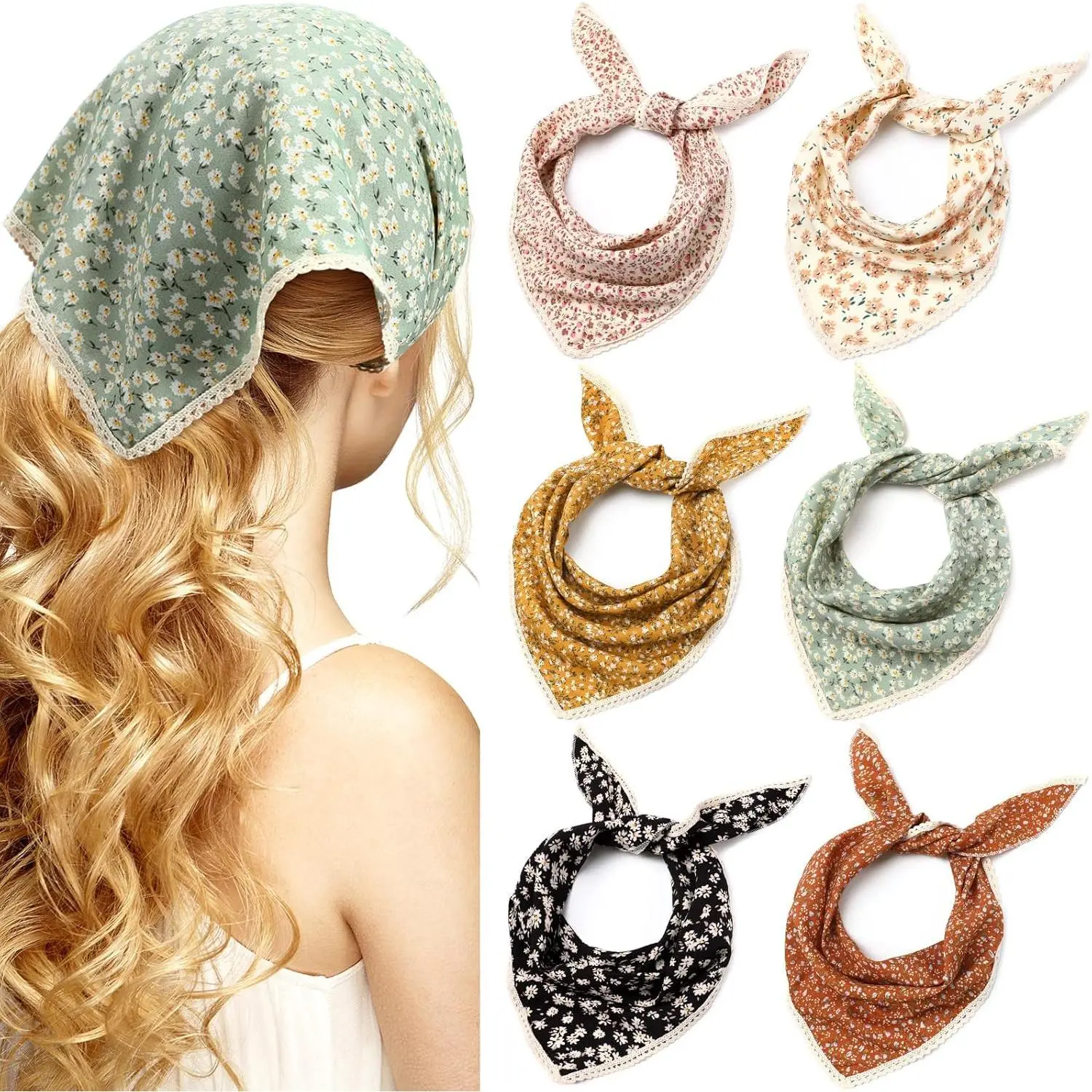 6 count Floral Hair Bandanas  Kerchief Women Bandana Print Chiffon Hair Scarf Triangle  Kerchief with Ties