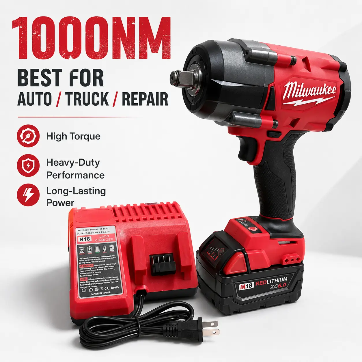 Milwaukee 1/2 Inch 1000N Brushless Cordless High Torque Impact Wrench, Garage Repair Power Tool for Tire Changes, Heavy Fasteners car lug nut
