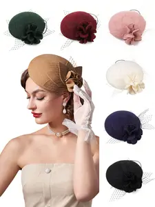 1pcs Wool Blend Beret Fitted Design Fascinator Hats for Women Tea Party Hats Fascinators Kentucky Derby Hat Wedding Cocktail Flower Hats Premium Headwear Wool Blend Material Beret Type