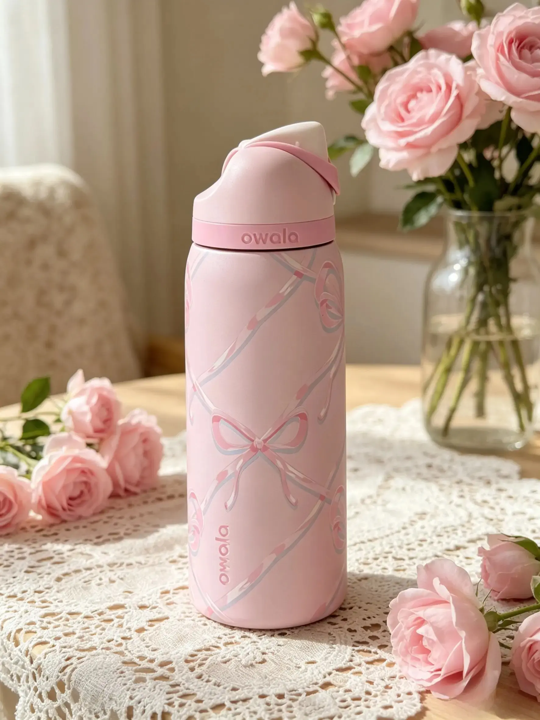Owala FreeSip 32oz Insulated Water Bottle, Pink Ribbon Bow Print, Double-Walled Stainless Steel, Sweat-Proof, Great for Commute, Travel & Workouts Drinkware Flasks Bottled Tumbler Mug Portable toddler purple poinsettia black cherry can new Glow in Dark ti