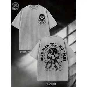 Men's and Unisex 240g Washed Cotton T-Shirt - Vintage Street Style Loose Short Sleeve Top with "The Dead Don't Lie" Pattern and Skull Octopus Tentacle Design, Machine Wash Daily Casual Wear, Vintage Streetwear,Street Aesthetics,Street Materials
