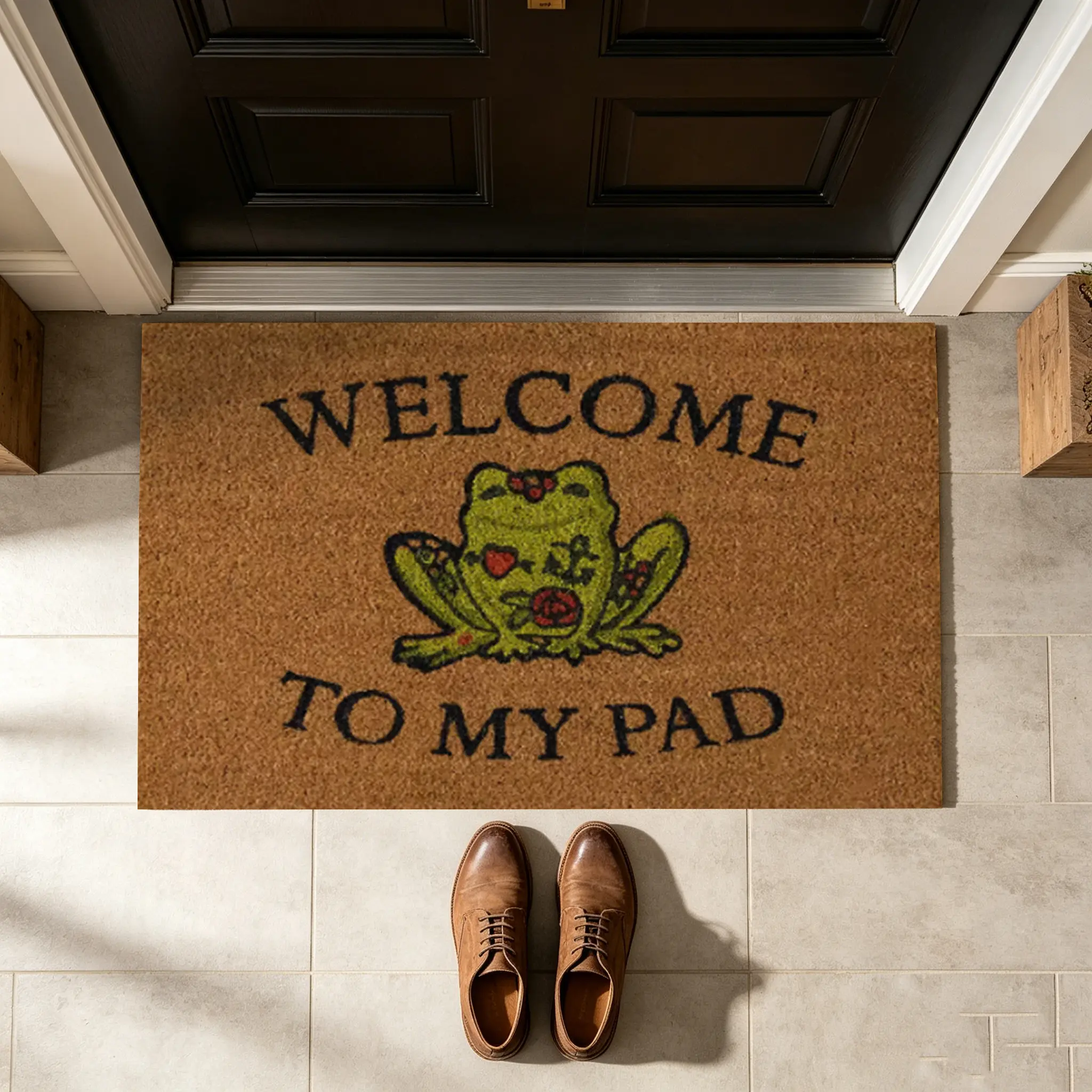 Funny Frog Welcome To My Pad Diatomaceous Earth Doormat, 24x16in Anti-Shrink Indoor Mat - Super Absorbent, Quick Dry, Non-Slip Rubber Backing, Machine Washable, Low Profile Decorative Rug for Home Entrance, Bathroom, Rustic, Non-Woven Fabric
