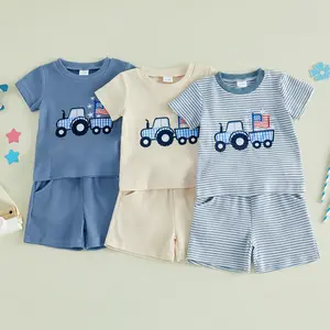 Afunbaby Kids Baby Boys 2pcs 4th of July Outfits Set Short Sleeve Embroidery Car T-shirt Tops with Shorts for Toddler Boy Independence Day Clothes Set