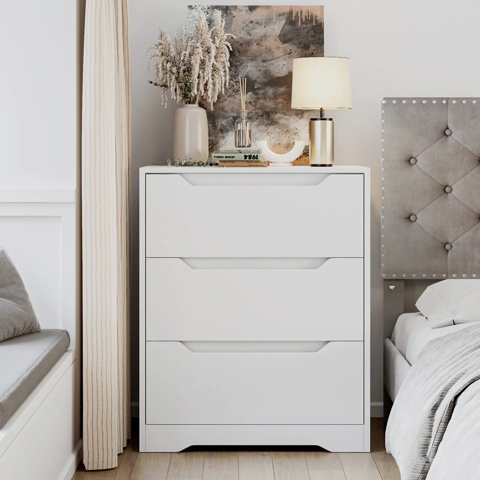 hostack modern 3 drawer dresser HOSTACK Modern 3 Drawer Dresser, Wood Chest of Drawers with Storage, Tall  Nightstand with Cut-Out Handles, Accent Storage Cabinet for Living Room,  Entryway