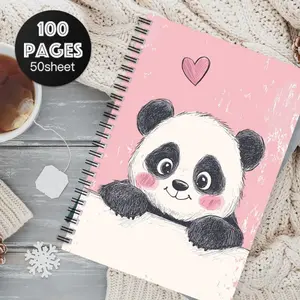A cute panda-themed spiral notebook - a gift for panda lovers, an ideal birthday or school supply gift. The notebook features a cute cartoon panda design with a pink background, perfect for office planning.
