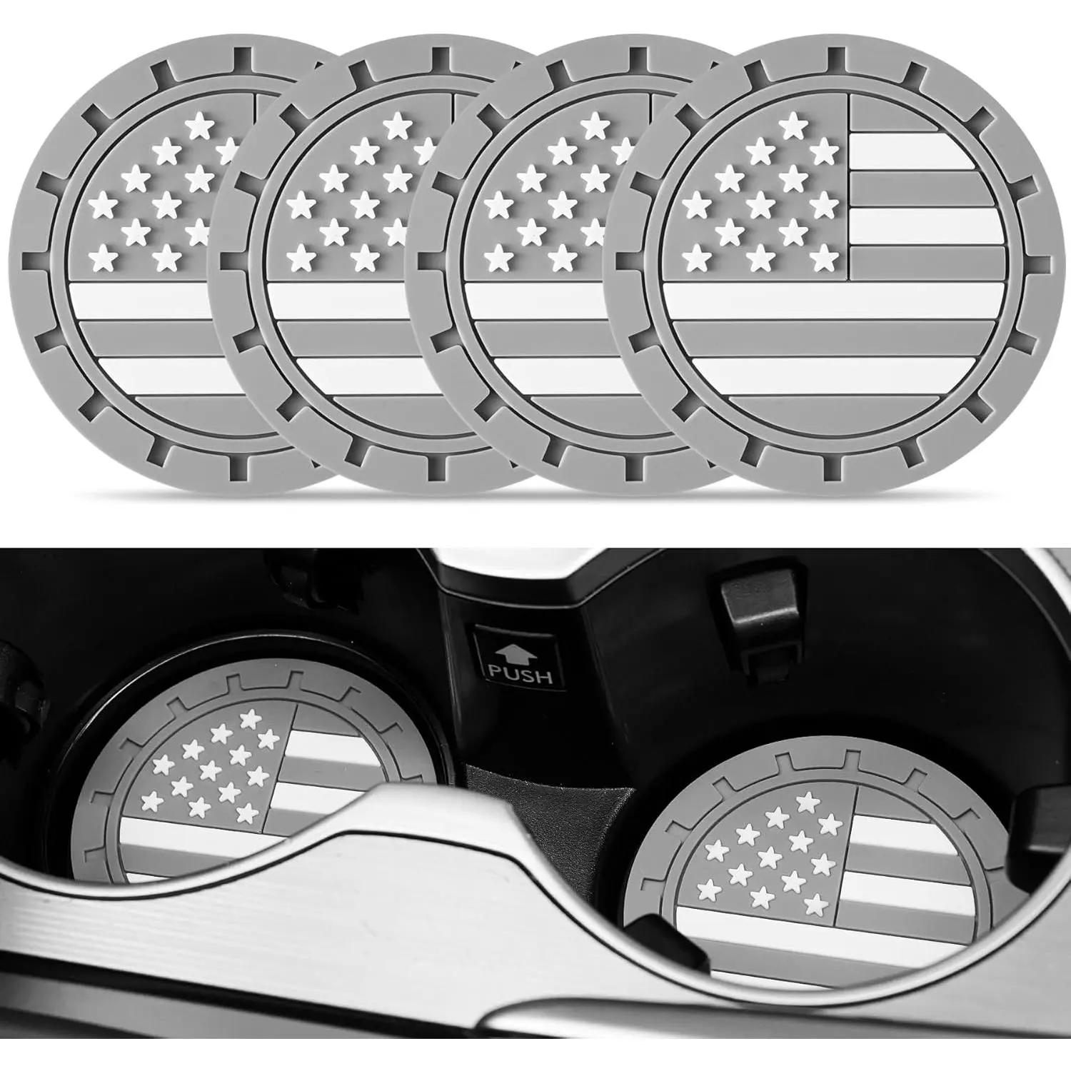 Gray Non-Slip Car Cup Holder Coasters (4-Pack) - Auto Accessories for Sedan, SUV - Essential Car Interior Accessory with Flag Design, Synthetic
