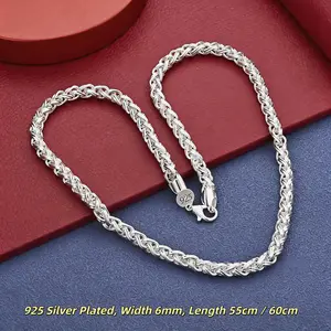 925 Silver Plated Twisted Rope Chain Necklace, 6mm Width, 55/ 60cm Length. Anti-tarnish, fade-resistant, and hypoallergenic,  Ideal for casual and streetwear styles, this unisex everyday jewelry makes the perfect gift for him or her.