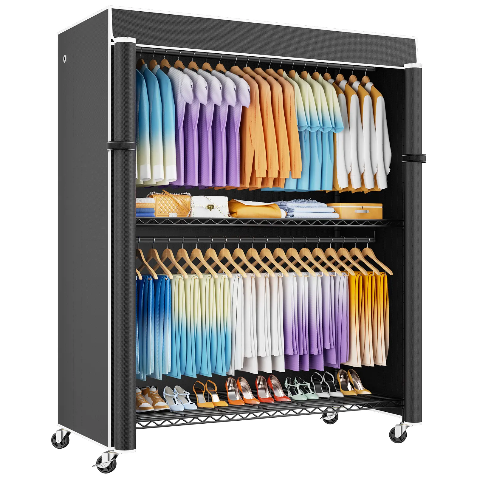 P8C Heavy Duty Clothes Rack（With Extended Width Design） Rolling Clothing Racks for Hanging with Lockable Wheels，51.2"W x 15.8"D x 80.5"H，Max Load 700LBS，Black Rack with Black Cover