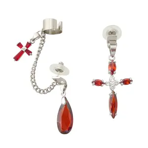 Red and clear cubic zirconia asymmetric cross earring and dangling teardrop ear cuff set