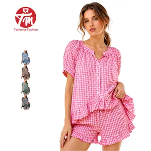Tanming Women's Summer Gingham 2 Piece Set Retro Plaid Ruffle Hem Outfits Short Sleeve Top and Shorts Set Beach Vacation Streetwear Pajamas Lounge Set with Pockets