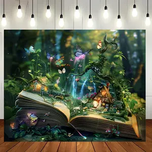 Enchanted Forest Fairy Tale Tapestry-Magical Open Book Landscape with Glowing Butterflies Fairy House,Holiday Polyester Wall Hanging Decor Decoration
