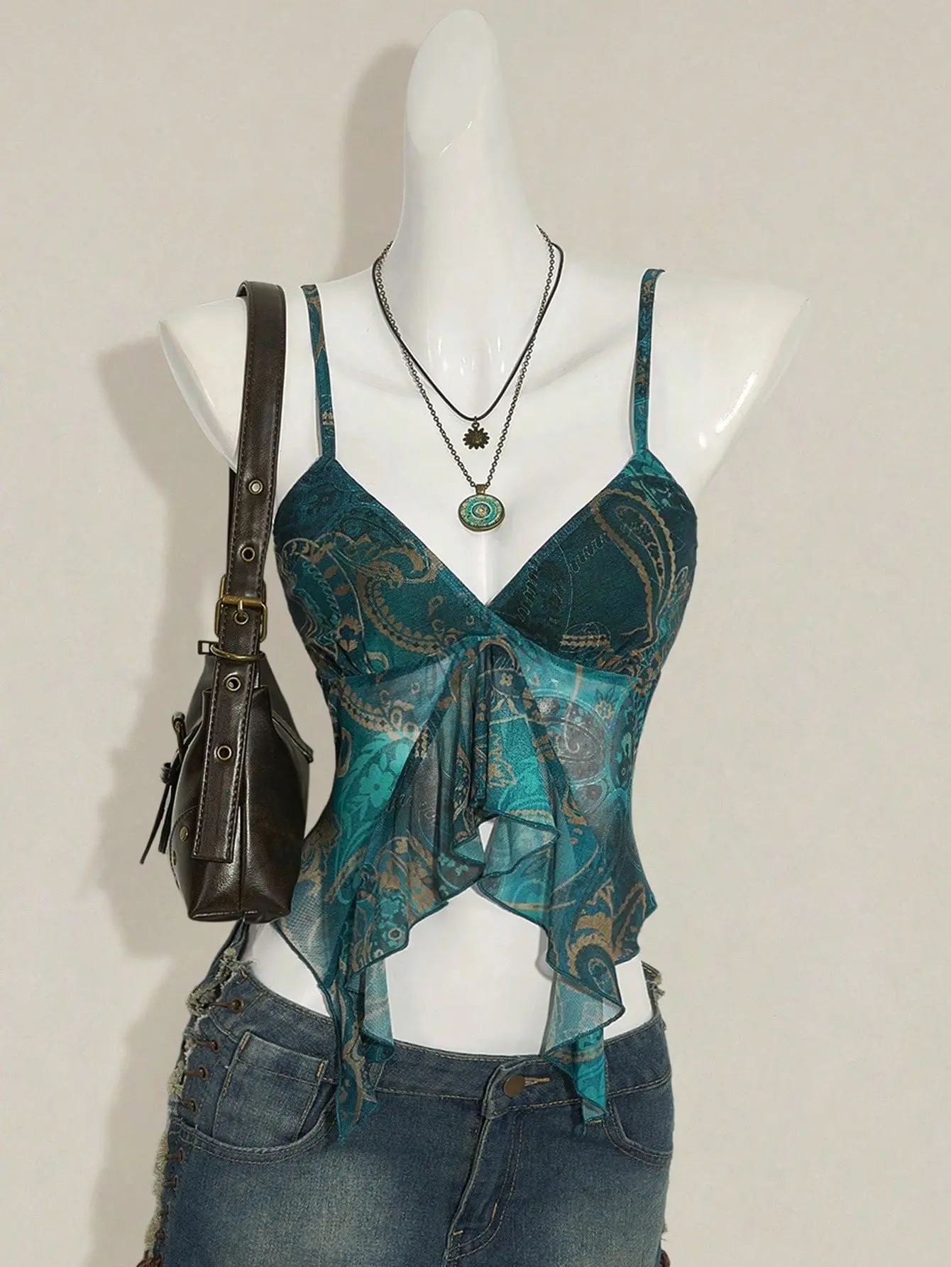 LOODAN Women's Millennial Y2K Sexy Bohemian Retro Teal Paisley Print Asymmetrical Hem Ruffled V-Neck Slim Fit Camisole