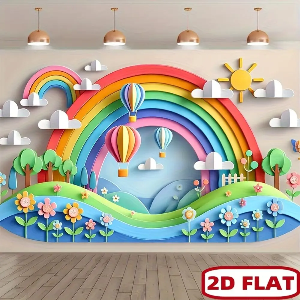 1pc Soft Glam Vibrant Rainbow 2D Polyester Wall Art Backdrop - Colorful Hot Air Balloon & Sun Design, Decorative Hangable Durable Indoor/Outdoor Decoration, Photo Studio Prop