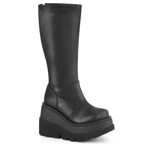 Demonia Shaker-65WC Women's Black Stretch Vegan Leather Ankle Boots, Platform Wedge Shoes for Women, Eco-Conscious Footwear Fashion, Edgy Fashion Alternative Baddie Footwear