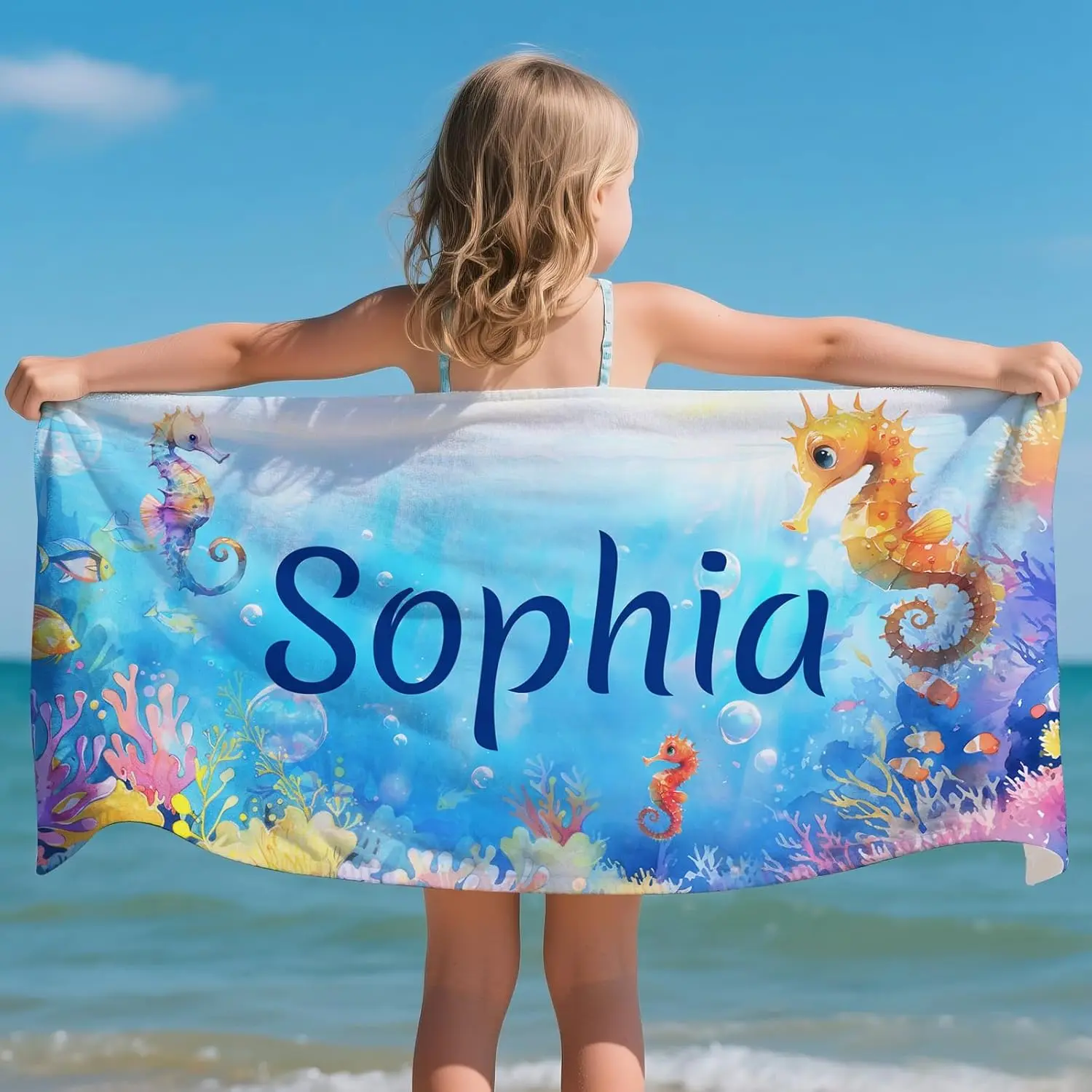 Personalized Beach Towels for Kids Adults, Custom Beach Towel with Names - Quick Dry & Absorbent Cotton Pool Towel -  for Girl Boy Women Men, Personalized Summer Gifts for Family